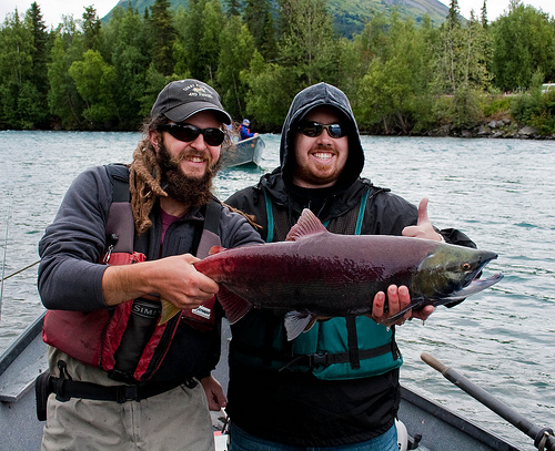 2 happy fishermen with their big sockeye salmon catch!