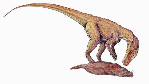 An Artist's impression of a Herrerasaurus and its prey